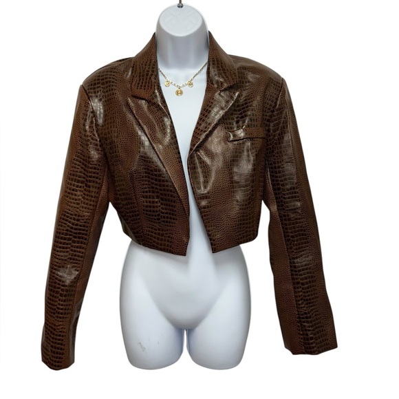 Missguided Jackets & Blazers - Missguided Faux Leather Croc Print Brown Cropped Jacket Street Style Size 4